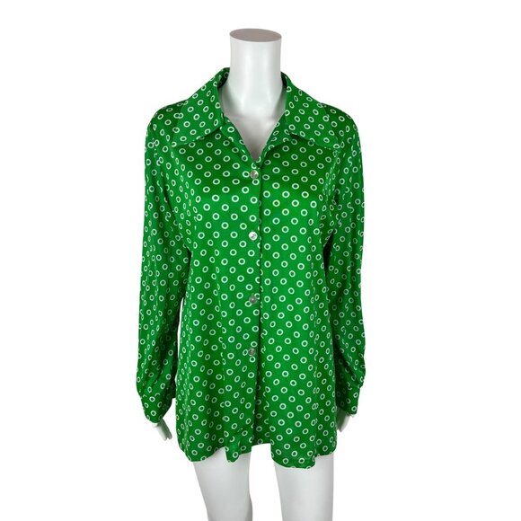Vintage 70s Circle Top Women's XL Green Shiny Swim Cover Up Long Sleeve Shirt - Picture 2 of 10